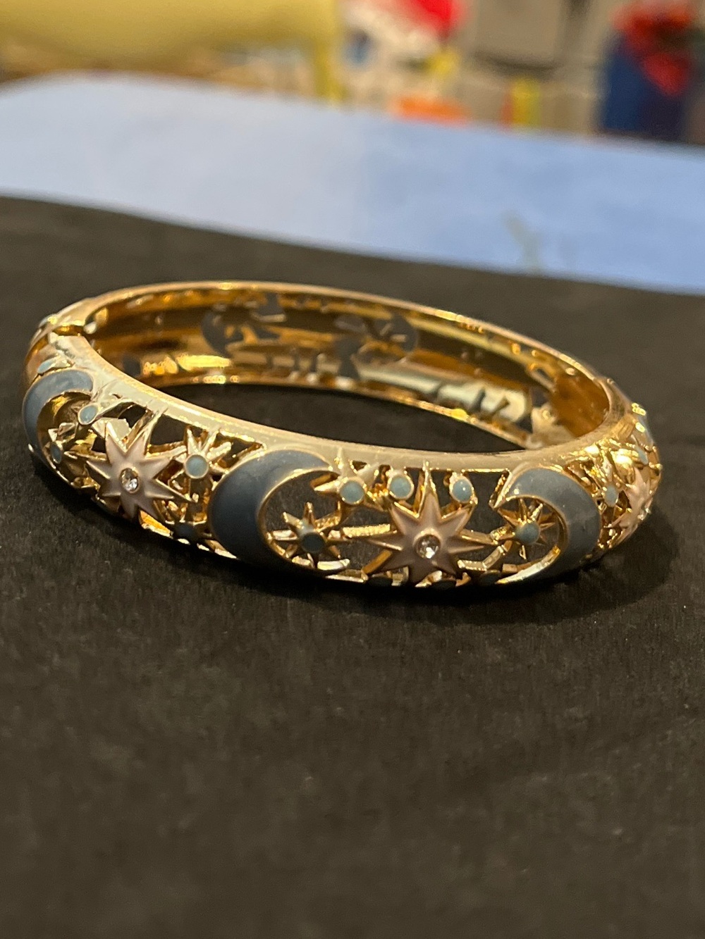 Gold-Tone Celestial Moon & Star Bangle Bracelet - Blue Enamel